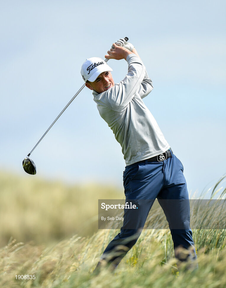 6 July 2020; Max Kennedy watches his tee shot on the 10th during the Flogas Irish Scratch Series at the Seapoint Golf Club in Termonfeckin, Louth. Photo by Seb Daly/Sportsfile