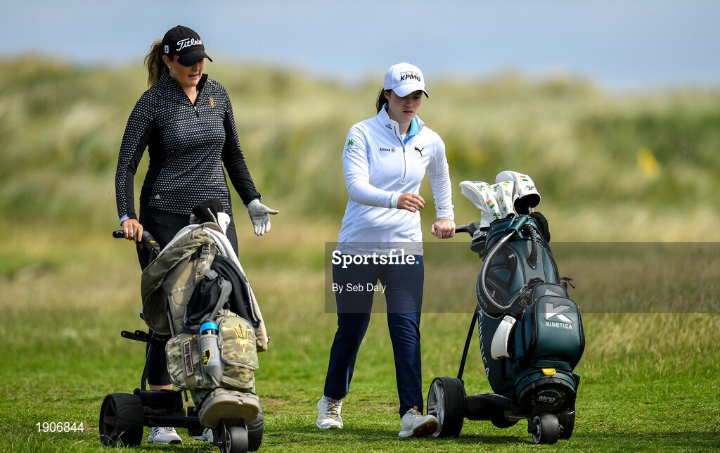 6 July 2020; Olivia Mehaffey, left, and Leona Maguire in conversation as they walk down the 10th fairway during the Flogas Irish Scratch Series at the Seapoint Golf Club in Termonfeckin, Louth. Photo by Seb Daly/Sportsfile