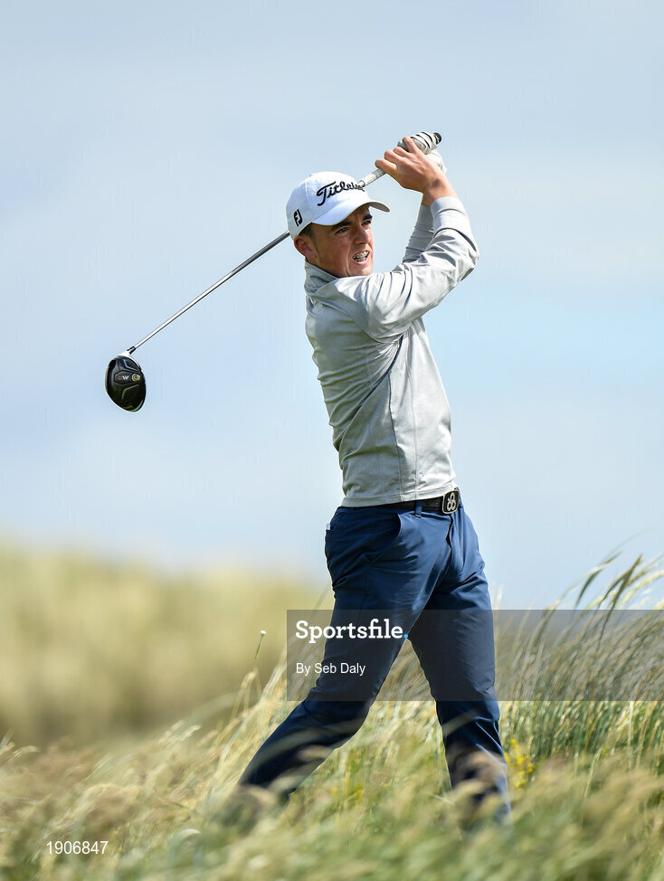 6 July 2020; Max Kennedy watches his tee shot on the 10th during the Flogas Irish Scratch Series at the Seapoint Golf Club in Termonfeckin, Louth. Photo by Seb Daly/Sportsfile