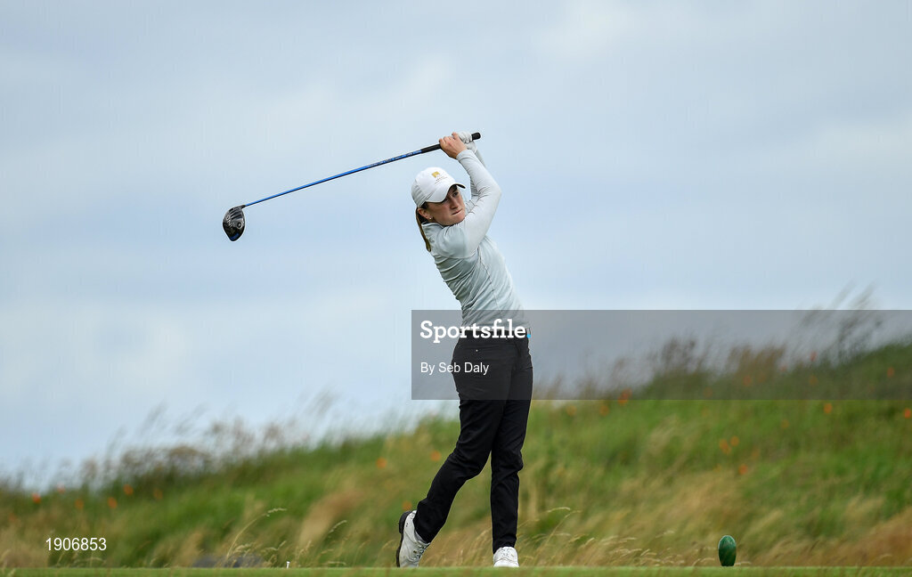 6 July 2020; Kate Dwyer watches her tee shot on the 11th during the Flogas Irish Scratch Series at the Seapoint Golf Club in Termonfeckin, Louth. Photo by Seb Daly/Sportsfile