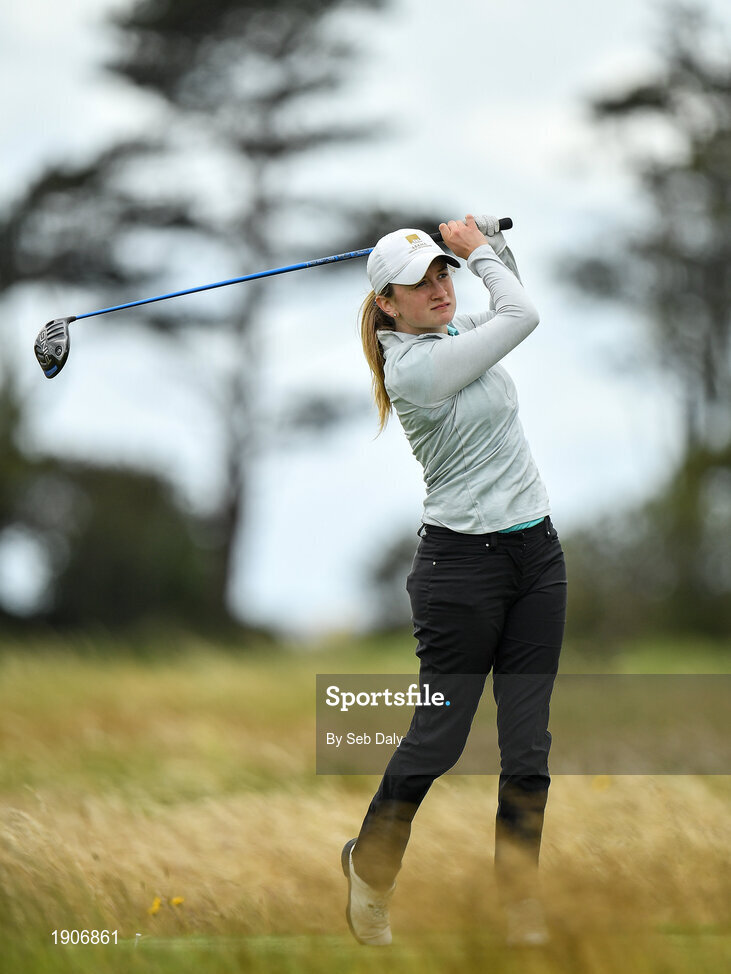 6 July 2020; Kate Dwyer watches her tee shot on the 12th during the Flogas Irish Scratch Series at the Seapoint Golf Club in Termonfeckin, Louth. Photo by Seb Daly/Sportsfile