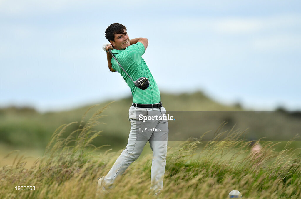 6 July 2020; Dermot McElroy watches his tee shot on the 11th during the Flogas Irish Scratch Series at the Seapoint Golf Club in Termonfeckin, Louth. Photo by Seb Daly/Sportsfile
