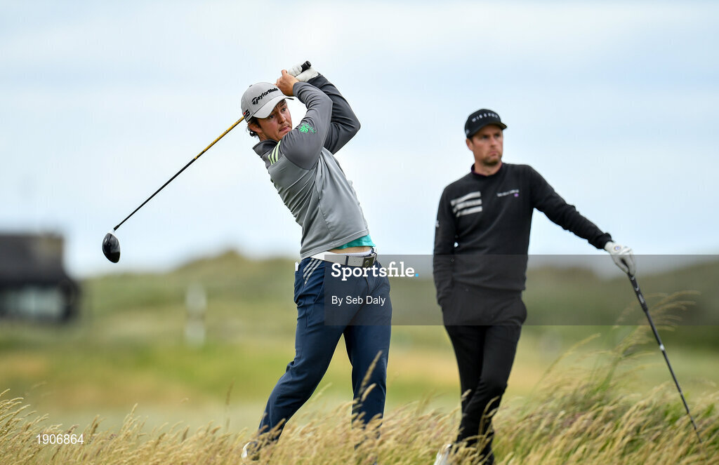 6 July 2020; John Ross Galbraith watches his tee shot on the 11th during the Flogas Irish Scratch Series at the Seapoint Golf Club in Termonfeckin, Louth. Photo by Seb Daly/Sportsfile