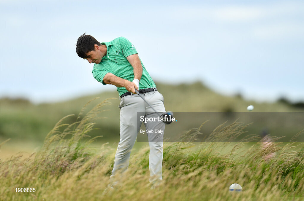 6 July 2020; Dermot McElroy plays his tee shot on the 11th during the Flogas Irish Scratch Series at the Seapoint Golf Club in Termonfeckin, Louth. Photo by Seb Daly/Sportsfile