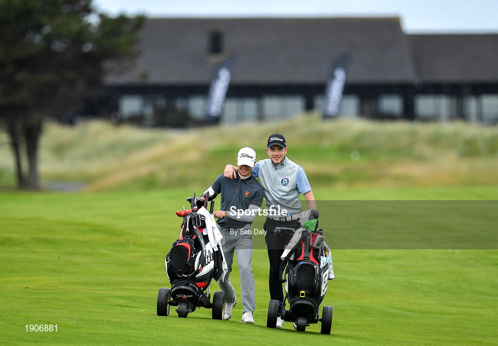6 July 2020; Sam Murphy, left, and Dylan Keating walk down the 10th fairway during the Flogas Irish Scratch Series at the Seapoint Golf Club in Termonfeckin, Louth. Photo by Seb Daly/Sportsfile