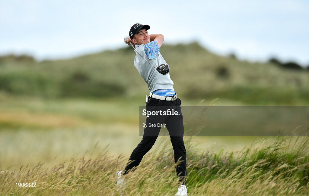 6 July 2020; Dylan Keating watches his tee shot on the 11th during the Flogas Irish Scratch Series at the Seapoint Golf Club in Termonfeckin, Louth. Photo by Seb Daly/Sportsfile