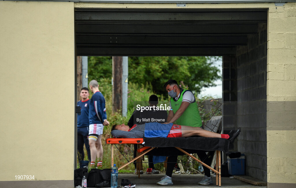 17 July 2020; Tinahely physiotherapist Will O'Neill, with player Eoghan Byrne before the Wicklow County Senior Football Championship Round 1 match between Tinahely and Kiltegan at Baltinglass GAA Club in Baltinglass, Wicklow. Competitive GAA matches have been approved to return following the guidelines of Phase 3 of the Irish Government’s Roadmap for Reopening of Society and Business and protocols set down by the GAA governing authorities. With games having been suspended since March, competitive games can take place with updated protocols including a limit of 200 individuals at any one outdoor event, including players, officials and a limited number of spectators, with social distancing, hand sanitisation and face masks being worn by those in attendance among other measures in an effort to contain the spread of the Coronavirus (COVID-19) pandemic. Photo by Matt Browne/Sportsfile
