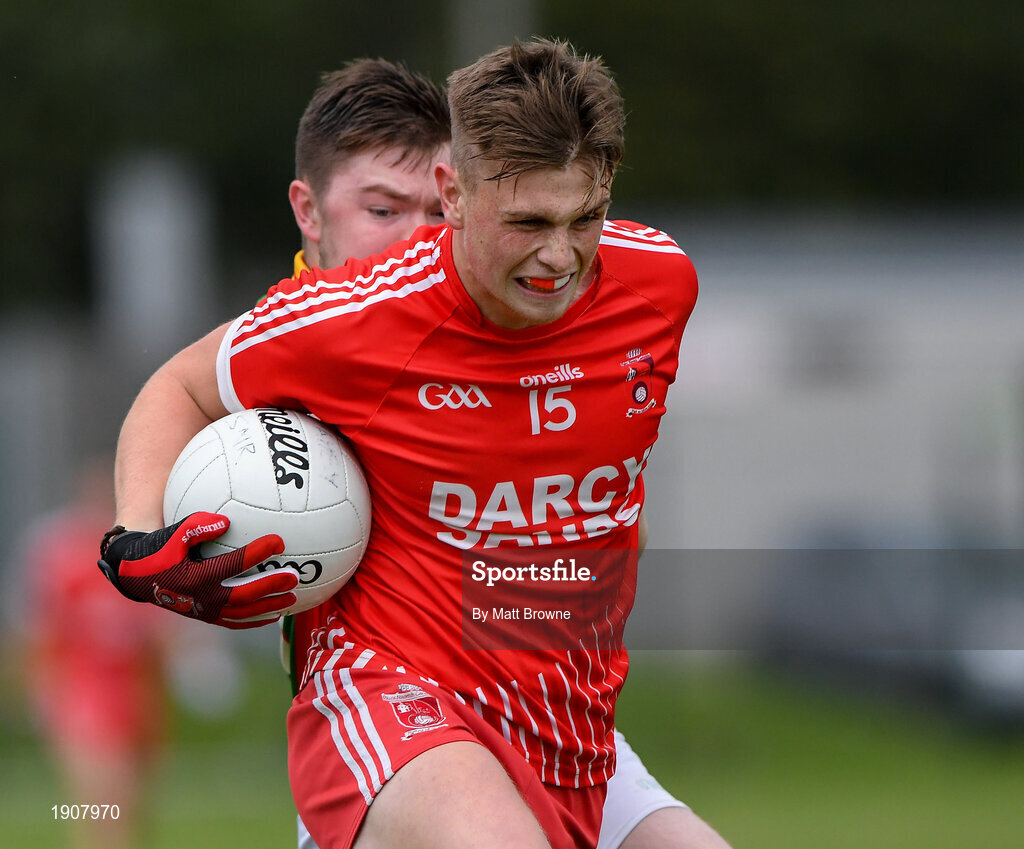 17 July 2020; James Hedderman of Tinahely in action against Aaron Byrne of Kiltegan during the Wicklow County Senior Football Championship Round 1 match between Tinahely and Kiltegan at Baltinglass GAA Club in Baltinglass, Wicklow. Competitive GAA matches have been approved to return following the guidelines of Phase 3 of the Irish Government’s Roadmap for Reopening of Society and Business and protocols set down by the GAA governing authorities. With games having been suspended since March, competitive games can take place with updated protocols including a limit of 200 individuals at any one outdoor event, including players, officials and a limited number of spectators, with social distancing, hand sanitisation and face masks being worn by those in attendance among other measures in an effort to contain the spread of the Coronavirus (COVID-19) pandemic. Photo by Matt Browne/Sportsfile