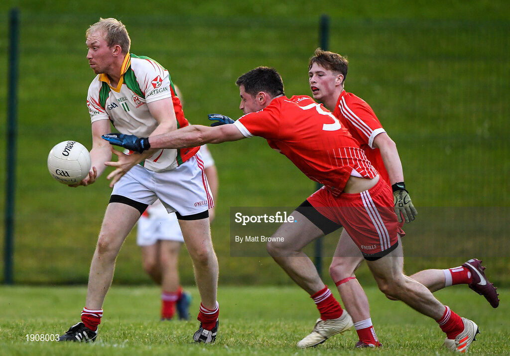 17 July 2020; Bryan Cullen of Kiltegan in action against Mick Byrne of Tinahely during the Wicklow County Senior Football Championship Round 1 match between Tinahely and Kiltegan at Baltinglass GAA Club in Baltinglass, Wicklow. Competitive GAA matches have been approved to return following the guidelines of Phase 3 of the Irish Government’s Roadmap for Reopening of Society and Business and protocols set down by the GAA governing authorities. With games having been suspended since March, competitive games can take place with updated protocols including a limit of 200 individuals at any one outdoor event, including players, officials and a limited number of spectators, with social distancing, hand sanitisation and face masks being worn by those in attendance among other measures in an effort to contain the spread of the Coronavirus (COVID-19) pandemic. Photo by Matt Browne/Sportsfile