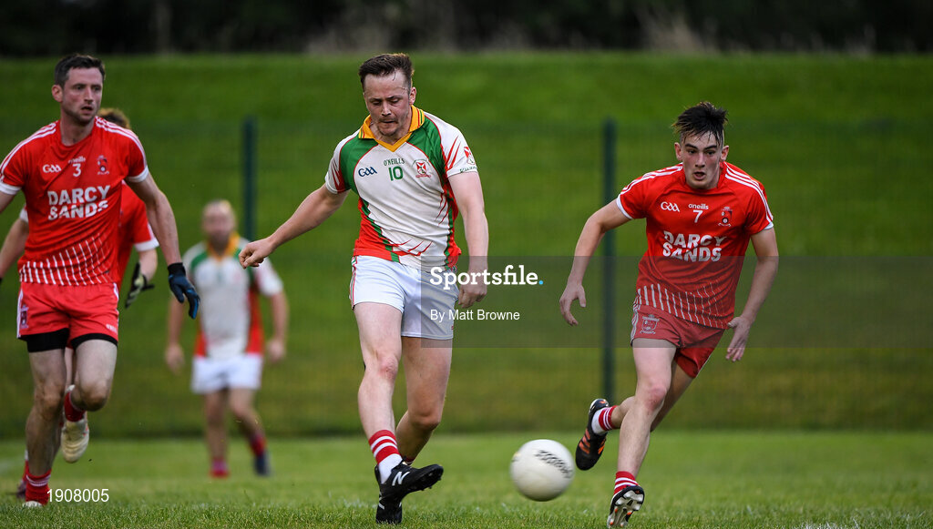 17 July 2020; Cathal Fitzgerald of Kiltegan scores the third goal against Tinahely during the Wicklow County Senior Football Championship Round 1 match between Tinahely and Kiltegan at Baltinglass GAA Club in Baltinglass, Wicklow. Competitive GAA matches have been approved to return following the guidelines of Phase 3 of the Irish Government’s Roadmap for Reopening of Society and Business and protocols set down by the GAA governing authorities. With games having been suspended since March, competitive games can take place with updated protocols including a limit of 200 individuals at any one outdoor event, including players, officials and a limited number of spectators, with social distancing, hand sanitisation and face masks being worn by those in attendance among other measures in an effort to contain the spread of the Coronavirus (COVID-19) pandemic. Photo by Matt Browne/Sportsfile