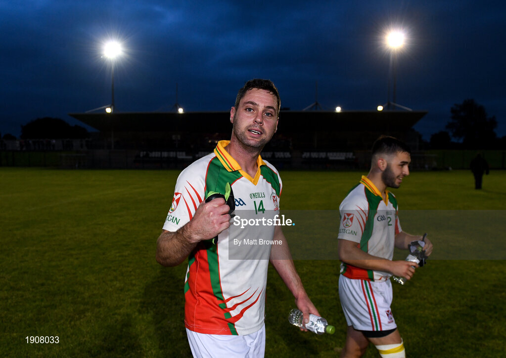 17 July 2020; Seanie Furlong of Kiltegan celebrates after the Wicklow County Senior Football Championship Round 1 match between Tinahely and Kiltegan at Baltinglass GAA Club in Baltinglass, Wicklow. Competitive GAA matches have been approved to return following the guidelines of Phase 3 of the Irish Government’s Roadmap for Reopening of Society and Business and protocols set down by the GAA governing authorities. With games having been suspended since March, competitive games can take place with updated protocols including a limit of 200 individuals at any one outdoor event, including players, officials and a limited number of spectators, with social distancing, hand sanitisation and face masks being worn by those in attendance among other measures in an effort to contain the spread of the Coronavirus (COVID-19) pandemic. Photo by Matt Browne/Sportsfile
