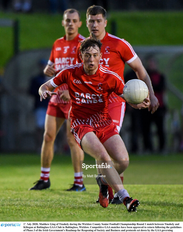 17 July 2020; Matthew Ging of Tinahely during the Wicklow County Senior Football Championship Round 1 match between Tinahely and Kiltegan at Baltinglass GAA Club in Baltinglass, Wicklow. Competitive GAA matches have been approved to return following the guidelines of Phase 3 of the Irish Government’s Roadmap for Reopening of Society and Business and protocols set down by the GAA governing authorities. With games having been suspended since March, competitive games can take place with updated protocols including a limit of 200 individuals at any one outdoor event, including players, officials and a limited number of spectators, with social distancing, hand sanitisation and face masks being worn by those in attendance among other measures in an effort to contain the spread of the Coronavirus (COVID-19) pandemic. Photo by Matt Browne/Sportsfile