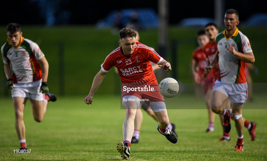 17 July 2020; Jason Cush of Tinahely in action against Kiltegan during the Wicklow County Senior Football Championship Round 1 match between Tinahely and Kiltegan at Baltinglass GAA Club in Baltinglass, Wicklow. Competitive GAA matches have been approved to return following the guidelines of Phase 3 of the Irish Government’s Roadmap for Reopening of Society and Business and protocols set down by the GAA governing authorities. With games having been suspended since March, competitive games can take place with updated protocols including a limit of 200 individuals at any one outdoor event, including players, officials and a limited number of spectators, with social distancing, hand sanitisation and face masks being worn by those in attendance among other measures in an effort to contain the spread of the Coronavirus (COVID-19) pandemic. Photo by Matt Browne/Sportsfile