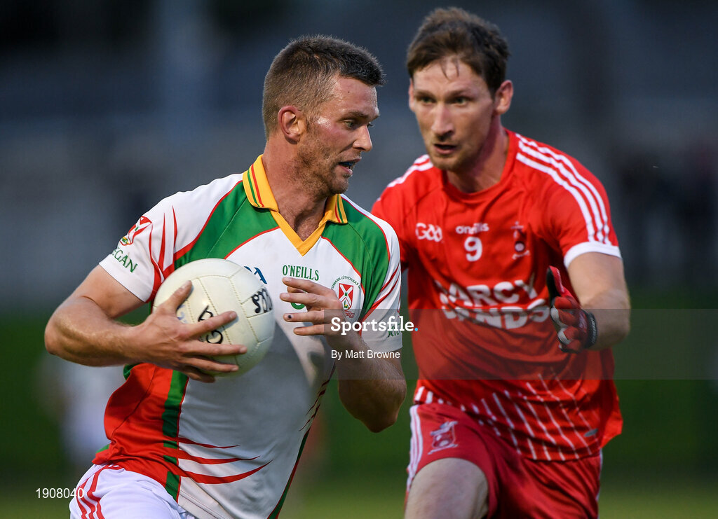 17 July 2020; Rory Finn of Kiltegan in action against Brian Walsh of Tinahely during the Wicklow County Senior Football Championship Round 1 match between Tinahely and Kiltegan at Baltinglass GAA Club in Baltinglass, Wicklow. Competitive GAA matches have been approved to return following the guidelines of Phase 3 of the Irish Government’s Roadmap for Reopening of Society and Business and protocols set down by the GAA governing authorities. With games having been suspended since March, competitive games can take place with updated protocols including a limit of 200 individuals at any one outdoor event, including players, officials and a limited number of spectators, with social distancing, hand sanitisation and face masks being worn by those in attendance among other measures in an effort to contain the spread of the Coronavirus (COVID-19) pandemic. Photo by Matt Browne/Sportsfile