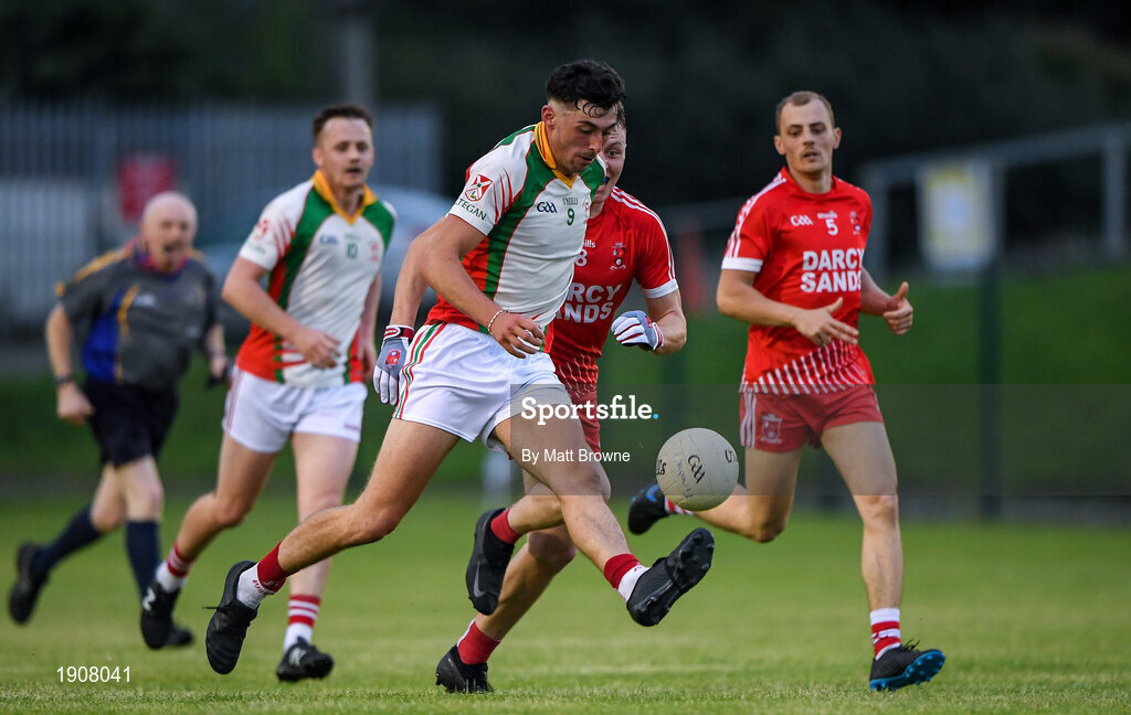 17 July 2020; Padraig O'Toole of Kiltegan in action against Eogham Byrne of Tinahely during the Wicklow County Senior Football Championship Round 1 match between Tinahely and Kiltegan at Baltinglass GAA Club in Baltinglass, Wicklow. Competitive GAA matches have been approved to return following the guidelines of Phase 3 of the Irish Government’s Roadmap for Reopening of Society and Business and protocols set down by the GAA governing authorities. With games having been suspended since March, competitive games can take place with updated protocols including a limit of 200 individuals at any one outdoor event, including players, officials and a limited number of spectators, with social distancing, hand sanitisation and face masks being worn by those in attendance among other measures in an effort to contain the spread of the Coronavirus (COVID-19) pandemic. Photo by Matt Browne/Sportsfile