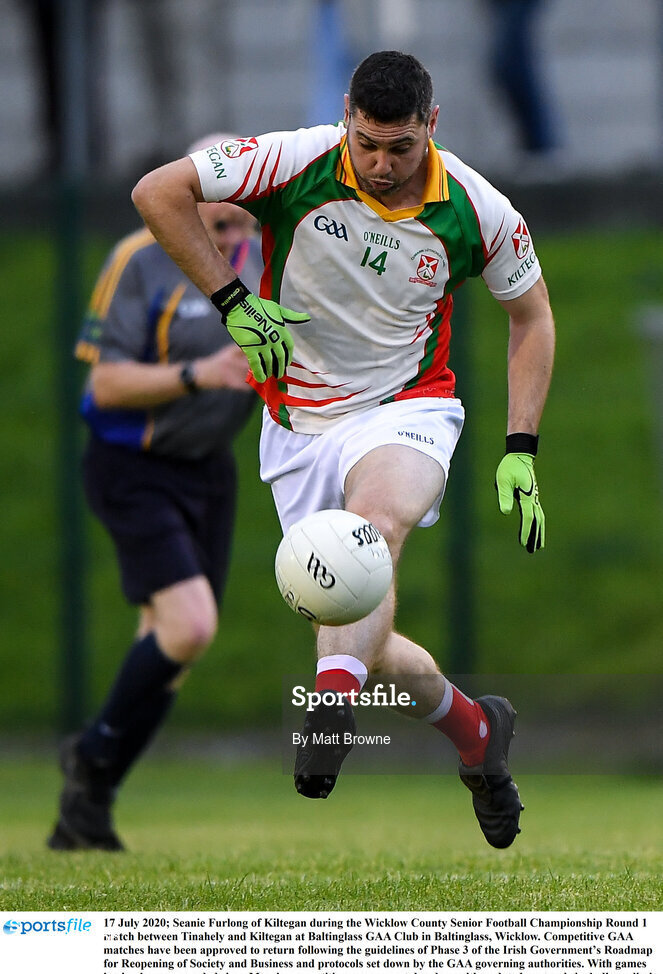 17 July 2020; Seanie Furlong of Kiltegan during the Wicklow County Senior Football Championship Round 1 match between Tinahely and Kiltegan at Baltinglass GAA Club in Baltinglass, Wicklow. Competitive GAA matches have been approved to return following the guidelines of Phase 3 of the Irish Government’s Roadmap for Reopening of Society and Business and protocols set down by the GAA governing authorities. With games having been suspended since March, competitive games can take place with updated protocols including a limit of 200 individuals at any one outdoor event, including players, officials and a limited number of spectators, with social distancing, hand sanitisation and face masks being worn by those in attendance among other measures in an effort to contain the spread of the Coronavirus (COVID-19) pandemic. Photo by Matt Browne/Sportsfile