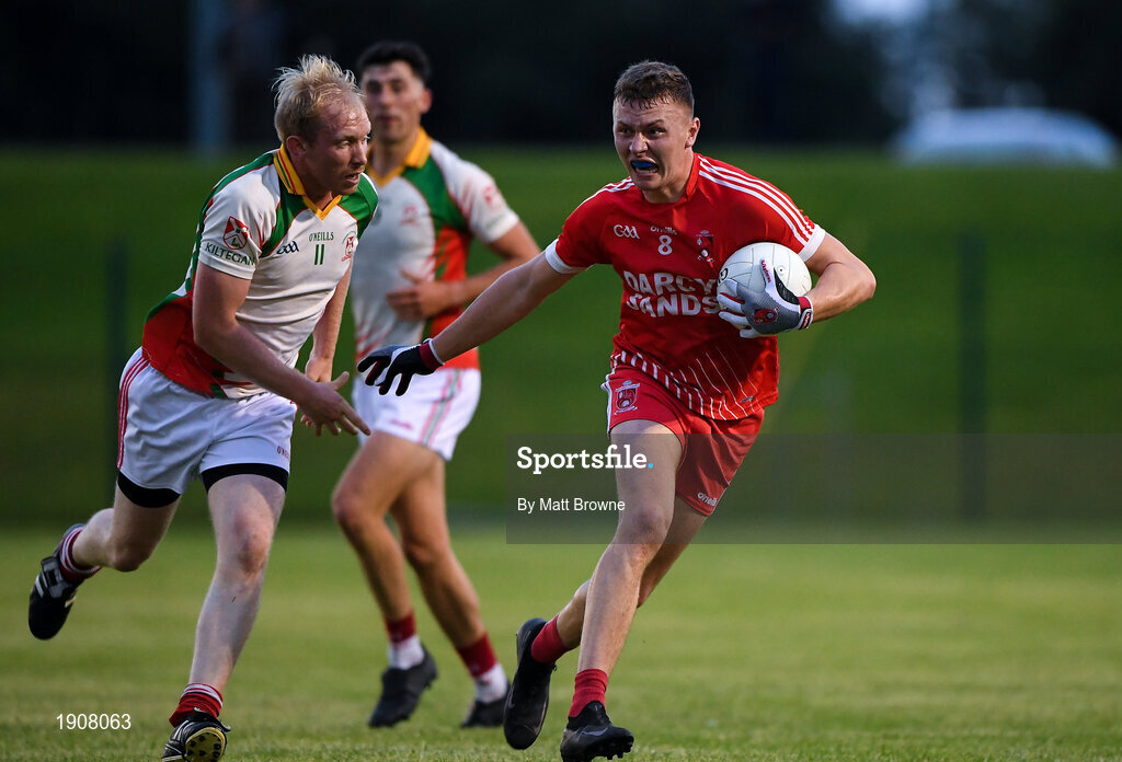 17 July 2020; Eoghan Byrne of Tinahely in action against Bryan Cullen of Kiltegan during the Wicklow County Senior Football Championship Round 1 match between Tinahely and Kiltegan at Baltinglass GAA Club in Baltinglass, Wicklow. Competitive GAA matches have been approved to return following the guidelines of Phase 3 of the Irish Government’s Roadmap for Reopening of Society and Business and protocols set down by the GAA governing authorities. With games having been suspended since March, competitive games can take place with updated protocols including a limit of 200 individuals at any one outdoor event, including players, officials and a limited number of spectators, with social distancing, hand sanitisation and face masks being worn by those in attendance among other measures in an effort to contain the spread of the Coronavirus (COVID-19) pandemic. Photo by Matt Browne/Sportsfile