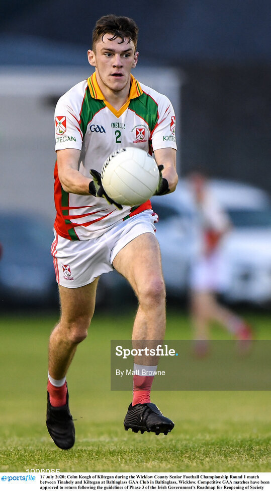 17 July 2020; Colm Keogh of Kiltegan during the Wicklow County Senior Football Championship Round 1 match between Tinahely and Kiltegan at Baltinglass GAA Club in Baltinglass, Wicklow. Competitive GAA matches have been approved to return following the guidelines of Phase 3 of the Irish Government’s Roadmap for Reopening of Society and Business and protocols set down by the GAA governing authorities. With games having been suspended since March, competitive games can take place with updated protocols including a limit of 200 individuals at any one outdoor event, including players, officials and a limited number of spectators, with social distancing, hand sanitisation and face masks being worn by those in attendance among other measures in an effort to contain the spread of the Coronavirus (COVID-19) pandemic. Photo by Matt Browne/Sportsfile