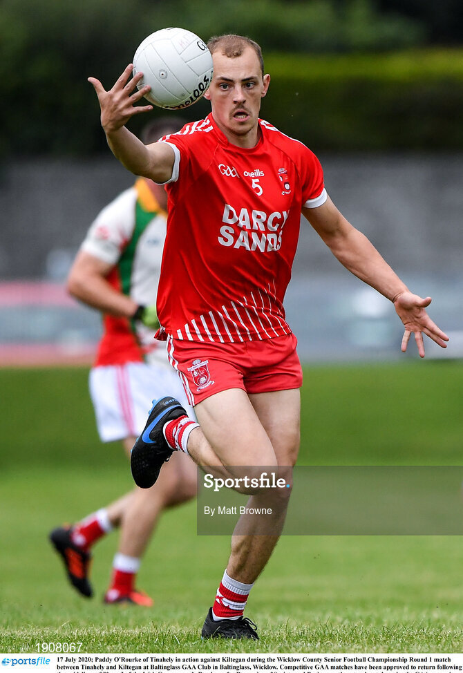 17 July 2020; Paddy O'Rourke of Tinahely in action against Kiltegan during the Wicklow County Senior Football Championship Round 1 match between Tinahely and Kiltegan at Baltinglass GAA Club in Baltinglass, Wicklow. Competitive GAA matches have been approved to return following the guidelines of Phase 3 of the Irish Government’s Roadmap for Reopening of Society and Business and protocols set down by the GAA governing authorities. With games having been suspended since March, competitive games can take place with updated protocols including a limit of 200 individuals at any one outdoor event, including players, officials and a limited number of spectators, with social distancing, hand sanitisation and face masks being worn by those in attendance among other measures in an effort to contain the spread of the Coronavirus (COVID-19) pandemic. Photo by Matt Browne/Sportsfile