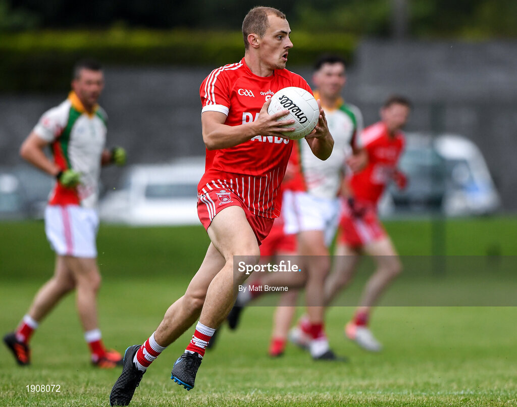 17 July 2020; Paddy O'Rourke of Tinahely in action against Kiltegan during the Wicklow County Senior Football Championship Round 1 match between Tinahely and Kiltegan at Baltinglass GAA Club in Baltinglass, Wicklow. Competitive GAA matches have been approved to return following the guidelines of Phase 3 of the Irish Government’s Roadmap for Reopening of Society and Business and protocols set down by the GAA governing authorities. With games having been suspended since March, competitive games can take place with updated protocols including a limit of 200 individuals at any one outdoor event, including players, officials and a limited number of spectators, with social distancing, hand sanitisation and face masks being worn by those in attendance among other measures in an effort to contain the spread of the Coronavirus (COVID-19) pandemic. Photo by Matt Browne/Sportsfile