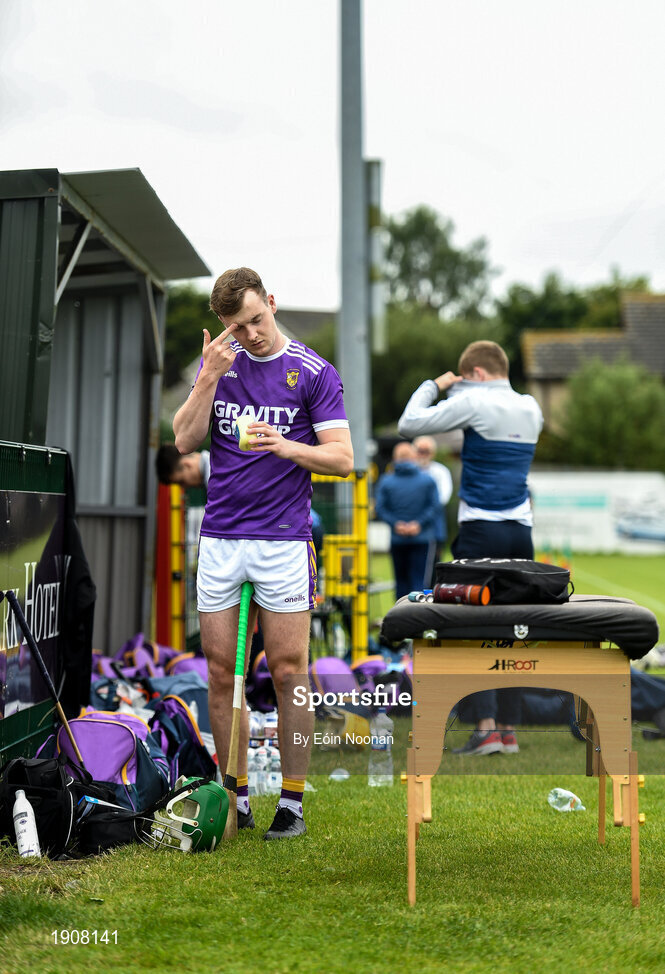 18 July 2020; Conal Clancy of Faythe Harriers prepares ahead of the Wexford County Senior Hurling Championship Group B Round 1 match between Ferns St Aidan's and Faythe Harriers at Bellefield in Enniscorthy, Wexford. Competitive GAA matches have been approved to return following the guidelines of Phase 3 of the Irish Government’s Roadmap for Reopening of Society and Business and protocols set down by the GAA governing authorities. With games having been suspended since March, competitive games can take place with updated protocols including a limit of 200 individuals at any one outdoor event, including players, officials and a limited number of spectators, with social distancing, hand sanitisation and face masks being worn by those in attendance among other measures in an effort to contain the spread of the Coronavirus (COVID-19) pandemic. Photo by Eóin Noonan/Sportsfile