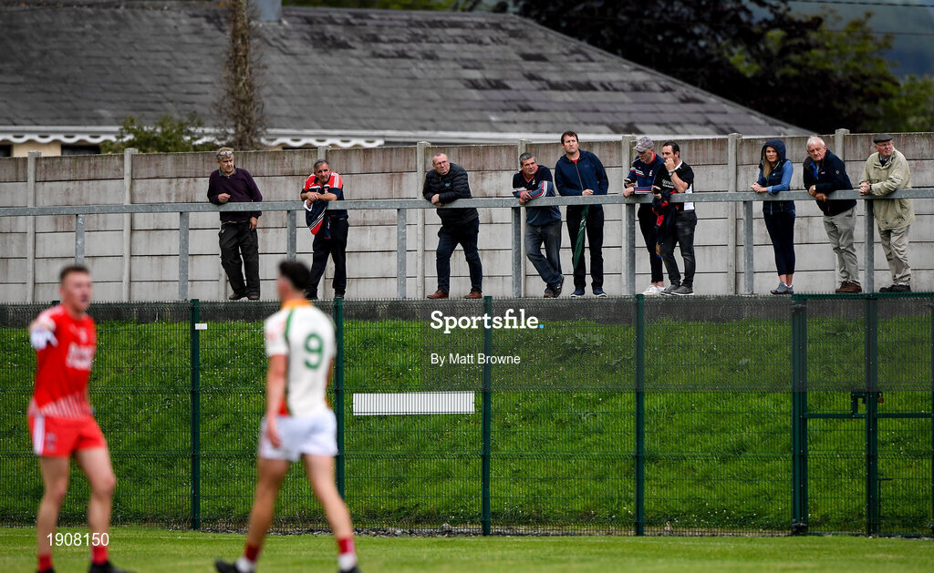 17 July 2020; Supporters watching the Wicklow County Senior Football Championship Round 1 match between Tinahely and Kiltegan at Baltinglass GAA Club in Baltinglass, Wicklow. Competitive GAA matches have been approved to return following the guidelines of Phase 3 of the Irish Government’s Roadmap for Reopening of Society and Business and protocols set down by the GAA governing authorities. With games having been suspended since March, competitive games can take place with updated protocols including a limit of 200 individuals at any one outdoor event, including players, officials and a limited number of spectators, with social distancing, hand sanitisation and face masks being worn by those in attendance among other measures in an effort to contain the spread of the Coronavirus (COVID-19) pandemic. Photo by Matt Browne/Sportsfile