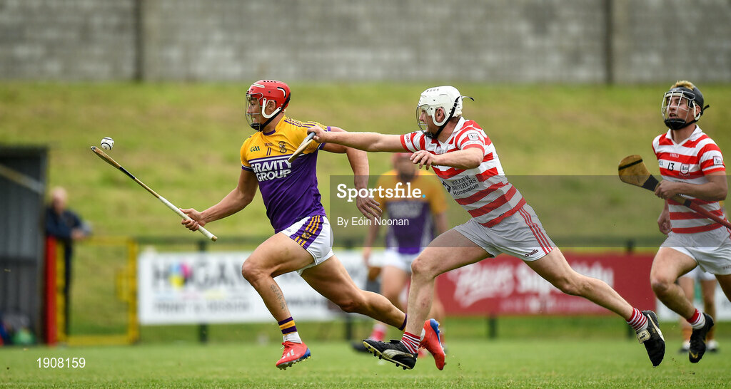 18 July 2020; Lee Chin of Faythe Harriers in action against Ciaran Roberts of Ferns St Aidans during the Wexford County Senior Hurling Championship Group B Round 1 match between Ferns St Aidan's and Faythe Harriers at Bellefield in Enniscorthy, Wexford. Competitive GAA matches have been approved to return following the guidelines of Phase 3 of the Irish Government’s Roadmap for Reopening of Society and Business and protocols set down by the GAA governing authorities. With games having been suspended since March, competitive games can take place with updated protocols including a limit of 200 individuals at any one outdoor event, including players, officials and a limited number of spectators, with social distancing, hand sanitisation and face masks being worn by those in attendance among other measures in an effort to contain the spread of the Coronavirus (COVID-19) pandemic. Photo by Eóin Noonan/Sportsfile