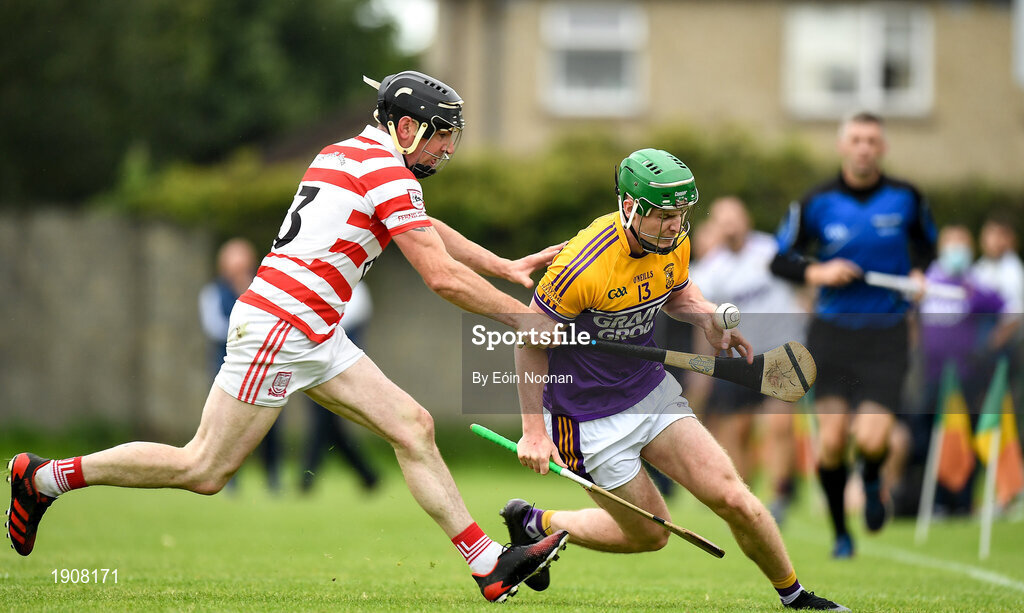 18 July 2020; Conal Clancy of Faythe Harriers is tackled by John Breen of Ferns St Aidans during the Wexford County Senior Hurling Championship Group B Round 1 match between Ferns St Aidan's and Faythe Harriers at Bellefield in Enniscorthy, Wexford. Competitive GAA matches have been approved to return following the guidelines of Phase 3 of the Irish Government’s Roadmap for Reopening of Society and Business and protocols set down by the GAA governing authorities. With games having been suspended since March, competitive games can take place with updated protocols including a limit of 200 individuals at any one outdoor event, including players, officials and a limited number of spectators, with social distancing, hand sanitisation and face masks being worn by those in attendance among other measures in an effort to contain the spread of the Coronavirus (COVID-19) pandemic. Photo by Eóin Noonan/Sportsfile