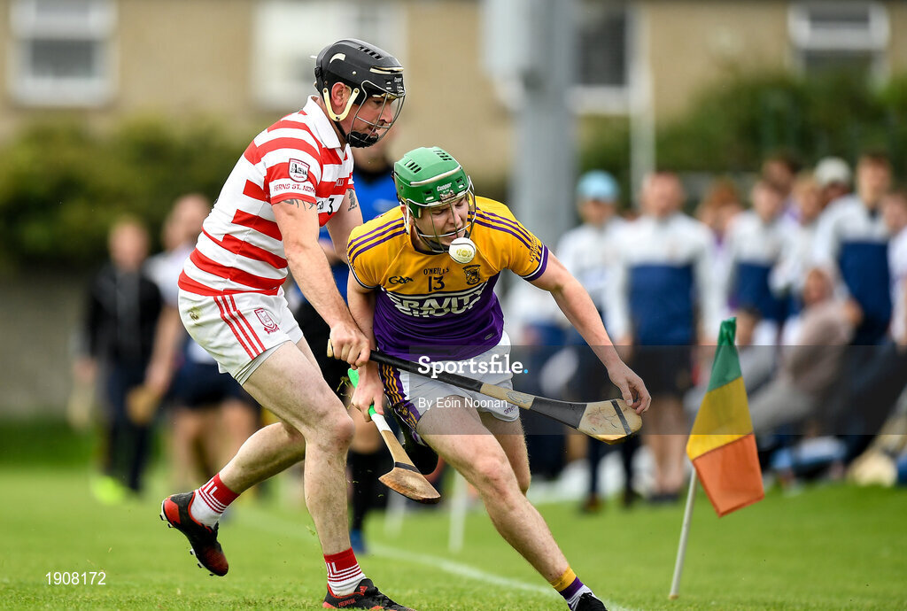 18 July 2020; Conal Clancy of Faythe Harriers is tackled by John Breen of Ferns St Aidans during the Wexford County Senior Hurling Championship Group B Round 1 match between Ferns St Aidan's and Faythe Harriers at Bellefield in Enniscorthy, Wexford. Competitive GAA matches have been approved to return following the guidelines of Phase 3 of the Irish Government’s Roadmap for Reopening of Society and Business and protocols set down by the GAA governing authorities. With games having been suspended since March, competitive games can take place with updated protocols including a limit of 200 individuals at any one outdoor event, including players, officials and a limited number of spectators, with social distancing, hand sanitisation and face masks being worn by those in attendance among other measures in an effort to contain the spread of the Coronavirus (COVID-19) pandemic. Photo by Eóin Noonan/Sportsfile