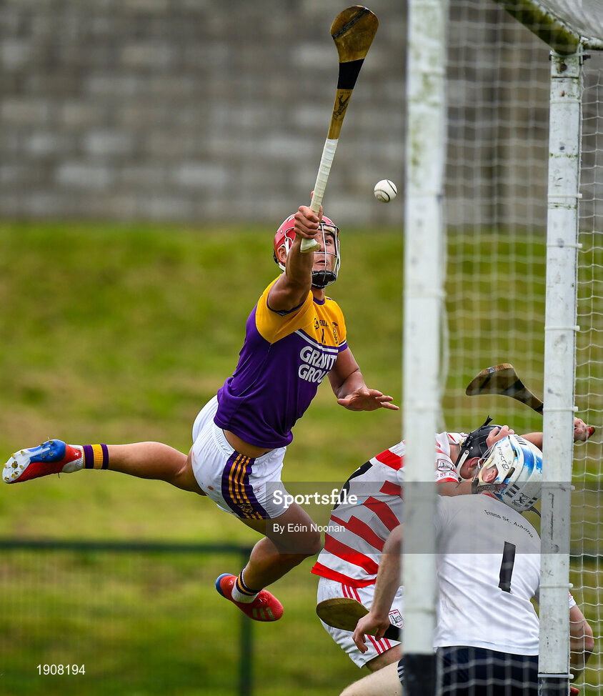 18 July 2020; Lee Chin of Faythe Harriers deflects a shot which goes narrowly wide during the Wexford County Senior Hurling Championship Group B Round 1 match between Ferns St Aidan's and Faythe Harriers at Bellefield in Enniscorthy, Wexford. Competitive GAA matches have been approved to return following the guidelines of Phase 3 of the Irish Government’s Roadmap for Reopening of Society and Business and protocols set down by the GAA governing authorities. With games having been suspended since March, competitive games can take place with updated protocols including a limit of 200 individuals at any one outdoor event, including players, officials and a limited number of spectators, with social distancing, hand sanitisation and face masks being worn by those in attendance among other measures in an effort to contain the spread of the Coronavirus (COVID-19) pandemic. Photo by Eóin Noonan/Sportsfile