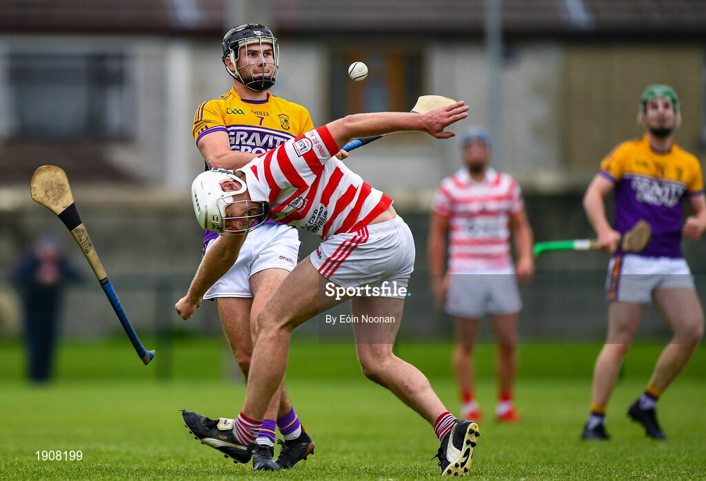 18 July 2020; Ciaran Roberts of Ferns St Aidans blocks a shot on goal by Colm Heffernan of Faythe Harriers during the Wexford County Senior Hurling Championship Group B Round 1 match between Ferns St Aidan's and Faythe Harriers at Bellefield in Enniscorthy, Wexford. Competitive GAA matches have been approved to return following the guidelines of Phase 3 of the Irish Government’s Roadmap for Reopening of Society and Business and protocols set down by the GAA governing authorities. With games having been suspended since March, competitive games can take place with updated protocols including a limit of 200 individuals at any one outdoor event, including players, officials and a limited number of spectators, with social distancing, hand sanitisation and face masks being worn by those in attendance among other measures in an effort to contain the spread of the Coronavirus (COVID-19) pandemic. Photo by Eóin Noonan/Sportsfile