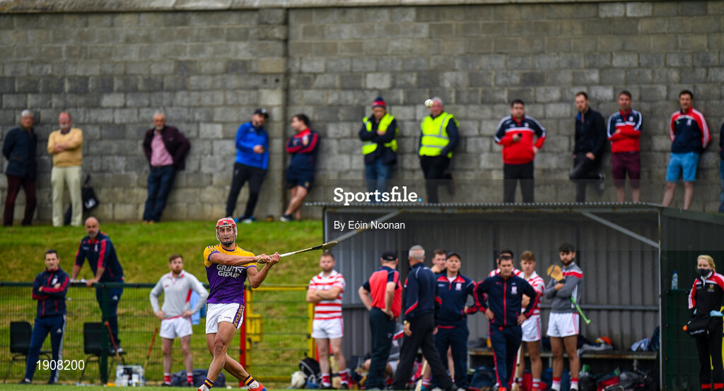 18 July 2020; Lee Chin of Faythe Harriers scores a point for his side during the Wexford County Senior Hurling Championship Group B Round 1 match between Ferns St Aidan's and Faythe Harriers at Bellefield in Enniscorthy, Wexford. Competitive GAA matches have been approved to return following the guidelines of Phase 3 of the Irish Government’s Roadmap for Reopening of Society and Business and protocols set down by the GAA governing authorities. With games having been suspended since March, competitive games can take place with updated protocols including a limit of 200 individuals at any one outdoor event, including players, officials and a limited number of spectators, with social distancing, hand sanitisation and face masks being worn by those in attendance among other measures in an effort to contain the spread of the Coronavirus (COVID-19) pandemic. Photo by Eóin Noonan/Sportsfile