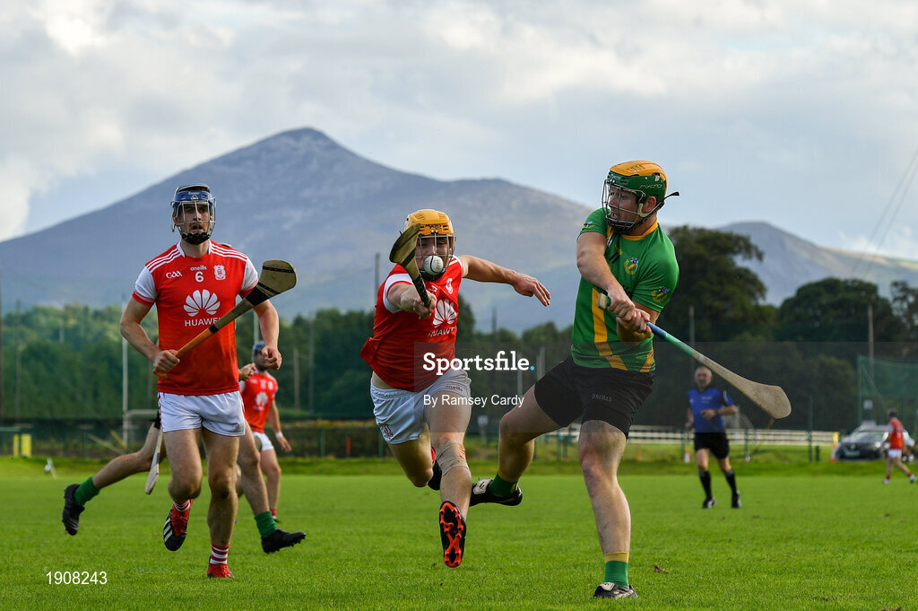 18 July 2020; Conor Cooney of Thomas Davis in action against Diarmuid O'Flionn of Cuala during the Dublin County Senior Hurling Championship Group 4 Round 1 match between Cuala and Thomas Davis at Bray Emmets GAA club in Bray, Wicklow. Competitive GAA matches have been approved to return following the guidelines of Phase 3 of the Irish Government’s Roadmap for Reopening of Society and Business and protocols set down by the GAA governing authorities. With games having been suspended since March, competitive games can take place with updated protocols including a limit of 200 individuals at any one outdoor event, including players, officials and a limited number of spectators, with social distancing, hand sanitisation and face masks being worn by those in attendance among other measures in an effort to contain the spread of the Coronavirus (COVID-19) pandemic. Photo by Ramsey Cardy/Sportsfile