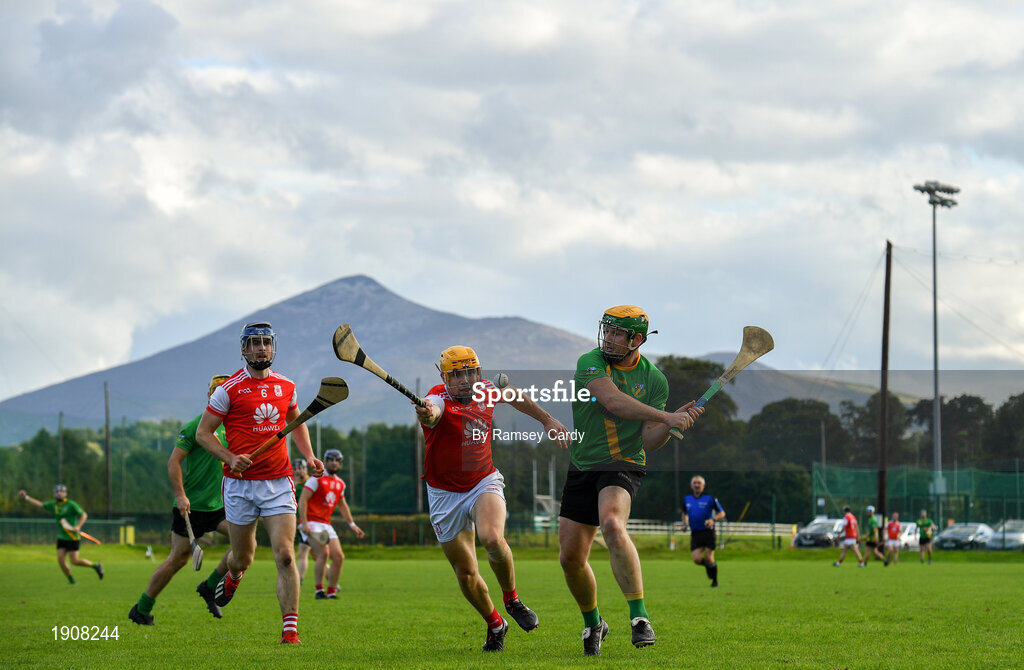 18 July 2020; Conor Cooney of Thomas Davis in action against Diarmuid O'Flionn of Cuala during the Dublin County Senior Hurling Championship Group 4 Round 1 match between Cuala and Thomas Davis at Bray Emmets GAA club in Bray, Wicklow. Competitive GAA matches have been approved to return following the guidelines of Phase 3 of the Irish Government’s Roadmap for Reopening of Society and Business and protocols set down by the GAA governing authorities. With games having been suspended since March, competitive games can take place with updated protocols including a limit of 200 individuals at any one outdoor event, including players, officials and a limited number of spectators, with social distancing, hand sanitisation and face masks being worn by those in attendance among other measures in an effort to contain the spread of the Coronavirus (COVID-19) pandemic. Photo by Ramsey Cardy/Sportsfile
