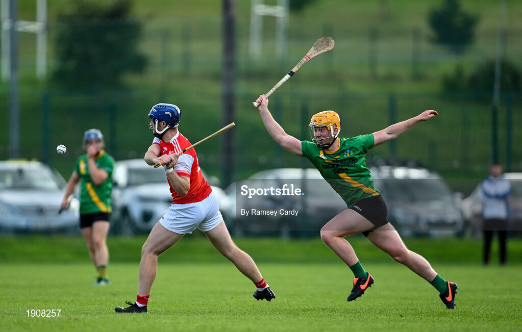 18 July 2020; Sean Treacy of Cuala in action against Jacques Daltan of Thomas Davis during the Dublin County Senior Hurling Championship Group 4 Round 1 match between Cuala and Thomas Davis at Bray Emmets GAA club in Bray, Wicklow. Competitive GAA matches have been approved to return following the guidelines of Phase 3 of the Irish Government’s Roadmap for Reopening of Society and Business and protocols set down by the GAA governing authorities. With games having been suspended since March, competitive games can take place with updated protocols including a limit of 200 individuals at any one outdoor event, including players, officials and a limited number of spectators, with social distancing, hand sanitisation and face masks being worn by those in attendance among other measures in an effort to contain the spread of the Coronavirus (COVID-19) pandemic. Photo by Ramsey Cardy/Sportsfile