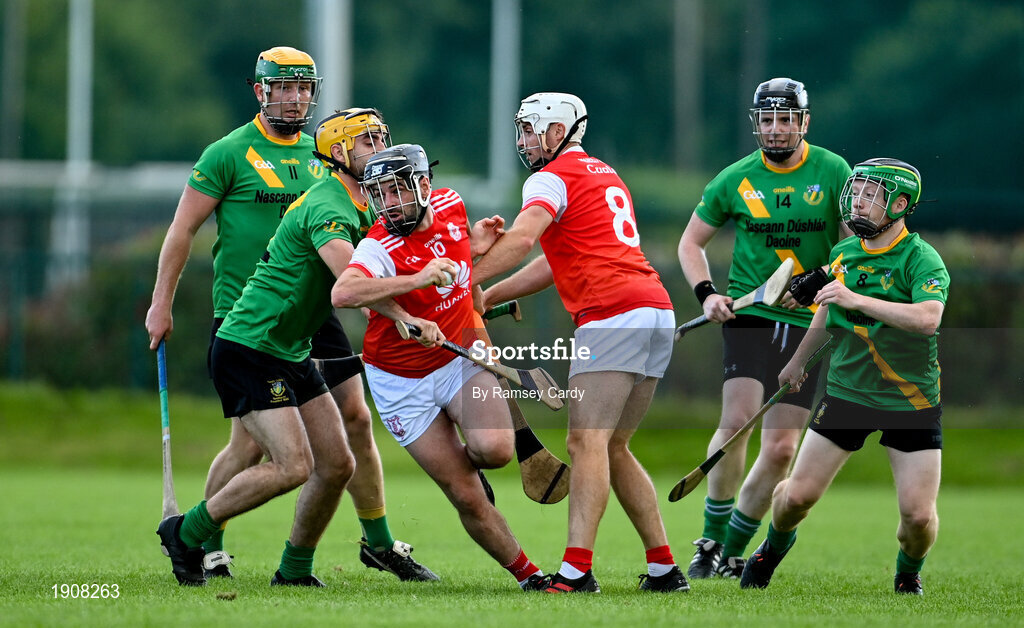 18 July 2020; Colm Sheanon of Cuala in action against Sean Reilly of Thomas Davis during the Dublin County Senior Hurling Championship Group 4 Round 1 match between Cuala and Thomas Davis at Bray Emmets GAA club in Bray, Wicklow. Competitive GAA matches have been approved to return following the guidelines of Phase 3 of the Irish Government’s Roadmap for Reopening of Society and Business and protocols set down by the GAA governing authorities. With games having been suspended since March, competitive games can take place with updated protocols including a limit of 200 individuals at any one outdoor event, including players, officials and a limited number of spectators, with social distancing, hand sanitisation and face masks being worn by those in attendance among other measures in an effort to contain the spread of the Coronavirus (COVID-19) pandemic. Photo by Ramsey Cardy/Sportsfile