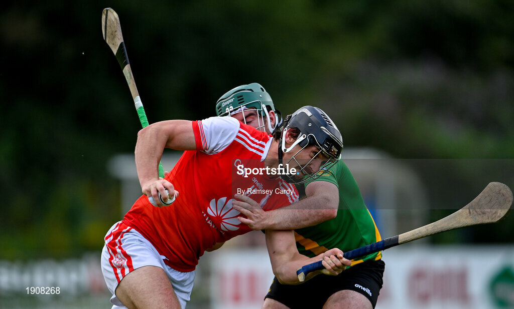 18 July 2020; Mark Shuutte of Cuala is tackled by David Newell of Thomas Davis during the Dublin County Senior Hurling Championship Group 4 Round 1 match between Cuala and Thomas Davis at Bray Emmets GAA club in Bray, Wicklow. Competitive GAA matches have been approved to return following the guidelines of Phase 3 of the Irish Government’s Roadmap for Reopening of Society and Business and protocols set down by the GAA governing authorities. With games having been suspended since March, competitive games can take place with updated protocols including a limit of 200 individuals at any one outdoor event, including players, officials and a limited number of spectators, with social distancing, hand sanitisation and face masks being worn by those in attendance among other measures in an effort to contain the spread of the Coronavirus (COVID-19) pandemic. Photo by Ramsey Cardy/Sportsfile