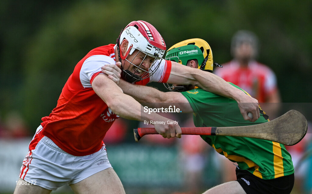 18 July 2020; Con O'Callaghan of Cuala is tackled by Sean Kennedy of Thomas Davis during the Dublin County Senior Hurling Championship Group 4 Round 1 match between Cuala and Thomas Davis at Bray Emmets GAA club in Bray, Wicklow. Competitive GAA matches have been approved to return following the guidelines of Phase 3 of the Irish Government’s Roadmap for Reopening of Society and Business and protocols set down by the GAA governing authorities. With games having been suspended since March, competitive games can take place with updated protocols including a limit of 200 individuals at any one outdoor event, including players, officials and a limited number of spectators, with social distancing, hand sanitisation and face masks being worn by those in attendance among other measures in an effort to contain the spread of the Coronavirus (COVID-19) pandemic. Photo by Ramsey Cardy/Sportsfile