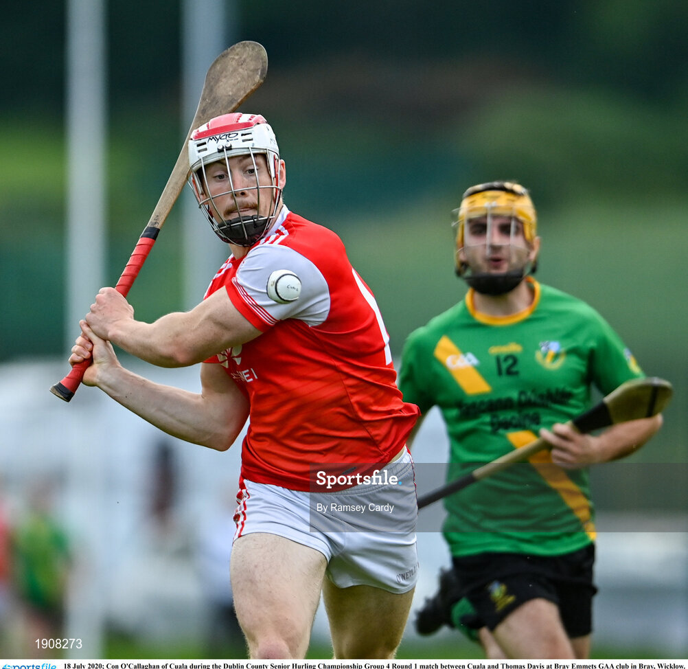 18 July 2020; Con O'Callaghan of Cuala during the Dublin County Senior Hurling Championship Group 4 Round 1 match between Cuala and Thomas Davis at Bray Emmets GAA club in Bray, Wicklow. Competitive GAA matches have been approved to return following the guidelines of Phase 3 of the Irish Government’s Roadmap for Reopening of Society and Business and protocols set down by the GAA governing authorities. With games having been suspended since March, competitive games can take place with updated protocols including a limit of 200 individuals at any one outdoor event, including players, officials and a limited number of spectators, with social distancing, hand sanitisation and face masks being worn by those in attendance among other measures in an effort to contain the spread of the Coronavirus (COVID-19) pandemic. Photo by Ramsey Cardy/Sportsfile