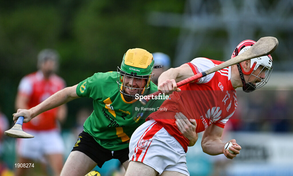 18 July 2020; Con O'Callaghan of Cuala is tackled by Sean Kennedy of Thomas Davis during the Dublin County Senior Hurling Championship Group 4 Round 1 match between Cuala and Thomas Davis at Bray Emmets GAA club in Bray, Wicklow. Competitive GAA matches have been approved to return following the guidelines of Phase 3 of the Irish Government’s Roadmap for Reopening of Society and Business and protocols set down by the GAA governing authorities. With games having been suspended since March, competitive games can take place with updated protocols including a limit of 200 individuals at any one outdoor event, including players, officials and a limited number of spectators, with social distancing, hand sanitisation and face masks being worn by those in attendance among other measures in an effort to contain the spread of the Coronavirus (COVID-19) pandemic. Photo by Ramsey Cardy/Sportsfile