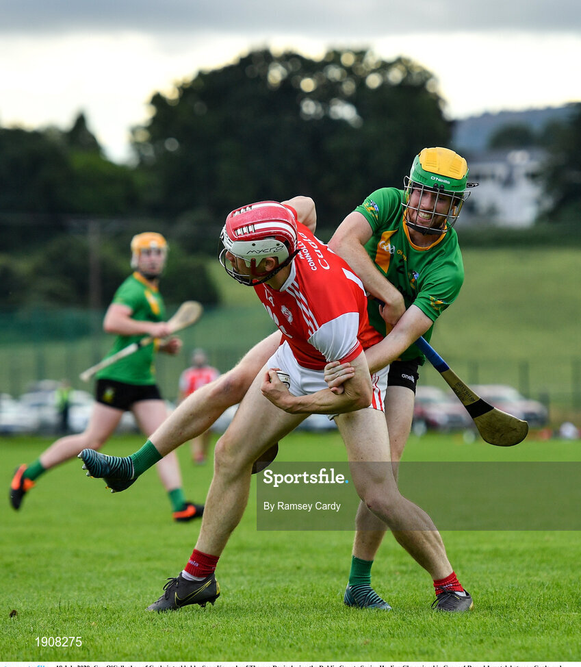 18 July 2020; Con O'Callaghan of Cuala is tackled by Sean Kennedy of Thomas Davis during the Dublin County Senior Hurling Championship Group 4 Round 1 match between Cuala and Thomas Davis at Bray Emmets GAA club in Bray, Wicklow. Competitive GAA matches have been approved to return following the guidelines of Phase 3 of the Irish Government’s Roadmap for Reopening of Society and Business and protocols set down by the GAA governing authorities. With games having been suspended since March, competitive games can take place with updated protocols including a limit of 200 individuals at any one outdoor event, including players, officials and a limited number of spectators, with social distancing, hand sanitisation and face masks being worn by those in attendance among other measures in an effort to contain the spread of the Coronavirus (COVID-19) pandemic. Photo by Ramsey Cardy/Sportsfile