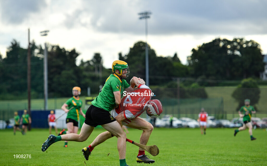 18 July 2020; Con O'Callaghan of Cuala is tackled by Sean Kennedy of Thomas Davis during the Dublin County Senior Hurling Championship Group 4 Round 1 match between Cuala and Thomas Davis at Bray Emmets GAA club in Bray, Wicklow. Competitive GAA matches have been approved to return following the guidelines of Phase 3 of the Irish Government’s Roadmap for Reopening of Society and Business and protocols set down by the GAA governing authorities. With games having been suspended since March, competitive games can take place with updated protocols including a limit of 200 individuals at any one outdoor event, including players, officials and a limited number of spectators, with social distancing, hand sanitisation and face masks being worn by those in attendance among other measures in an effort to contain the spread of the Coronavirus (COVID-19) pandemic. Photo by Ramsey Cardy/Sportsfile