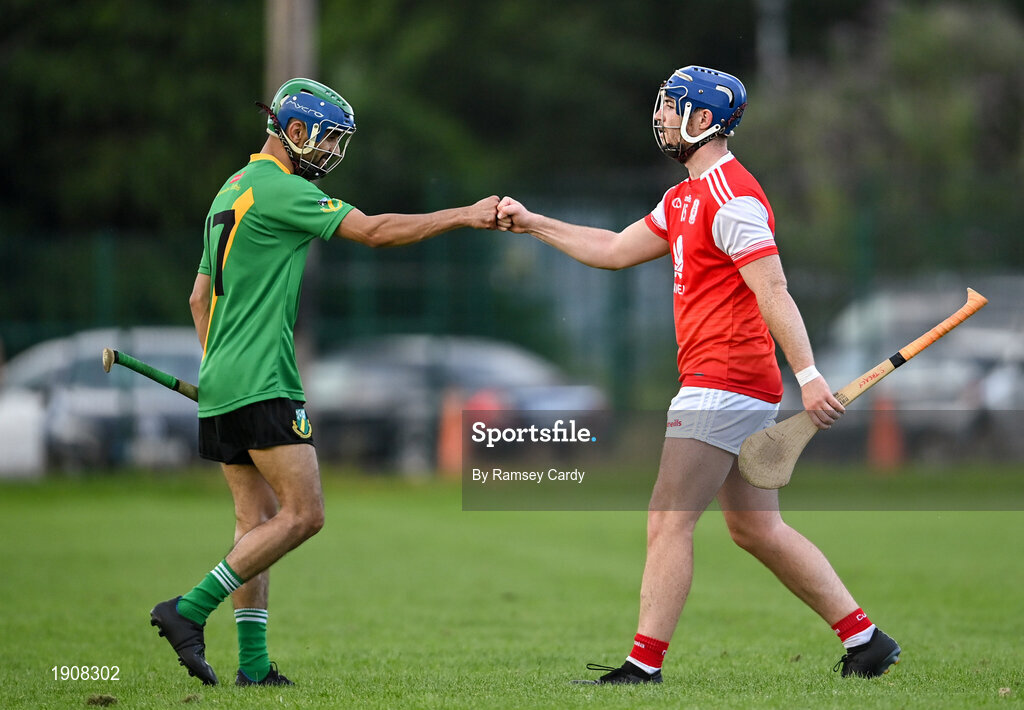18 July 2020; Sean Treacy of Cuala and Zak Moradi of Thomas Davis following the Dublin County Senior Hurling Championship Group 4 Round 1 match between Cuala and Thomas Davis at Bray Emmets GAA club in Bray, Wicklow. Competitive GAA matches have been approved to return following the guidelines of Phase 3 of the Irish Government’s Roadmap for Reopening of Society and Business and protocols set down by the GAA governing authorities. With games having been suspended since March, competitive games can take place with updated protocols including a limit of 200 individuals at any one outdoor event, including players, officials and a limited number of spectators, with social distancing, hand sanitisation and face masks being worn by those in attendance among other measures in an effort to contain the spread of the Coronavirus (COVID-19) pandemic. Photo by Ramsey Cardy/Sportsfile