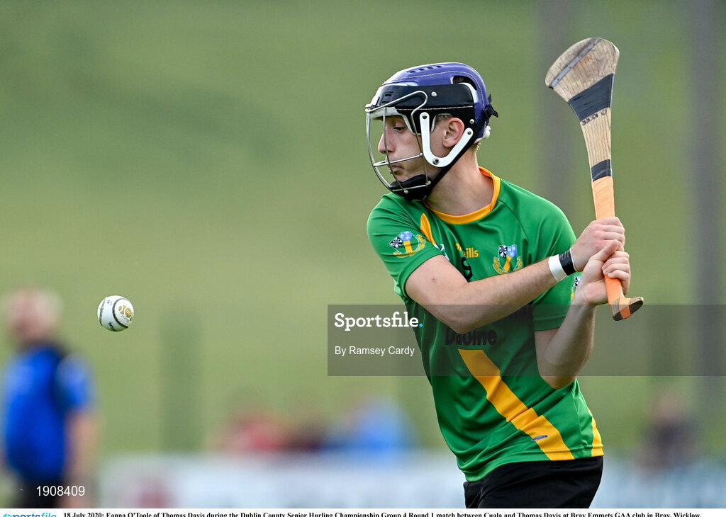 18 July 2020; Eanna O'Toole of Thomas Davis during the Dublin County Senior Hurling Championship Group 4 Round 1 match between Cuala and Thomas Davis at Bray Emmets GAA club in Bray, Wicklow. Competitive GAA matches have been approved to return following the guidelines of Phase 3 of the Irish Government’s Roadmap for Reopening of Society and Business and protocols set down by the GAA governing authorities. With games having been suspended since March, competitive games can take place with updated protocols including a limit of 200 individuals at any one outdoor event, including players, officials and a limited number of spectators, with social distancing, hand sanitisation and face masks being worn by those in attendance among other measures in an effort to contain the spread of the Coronavirus (COVID-19) pandemic. Photo by Ramsey Cardy/Sportsfile