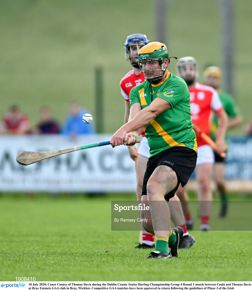 18 July 2020; Conor Cooney of Thomas Davis during the Dublin County Senior Hurling Championship Group 4 Round 1 match between Cuala and Thomas Davis at Bray Emmets GAA club in Bray, Wicklow. Competitive GAA matches have been approved to return following the guidelines of Phase 3 of the Irish Government’s Roadmap for Reopening of Society and Business and protocols set down by the GAA governing authorities. With games having been suspended since March, competitive games can take place with updated protocols including a limit of 200 individuals at any one outdoor event, including players, officials and a limited number of spectators, with social distancing, hand sanitisation and face masks being worn by those in attendance among other measures in an effort to contain the spread of the Coronavirus (COVID-19) pandemic. Photo by Ramsey Cardy/Sportsfile