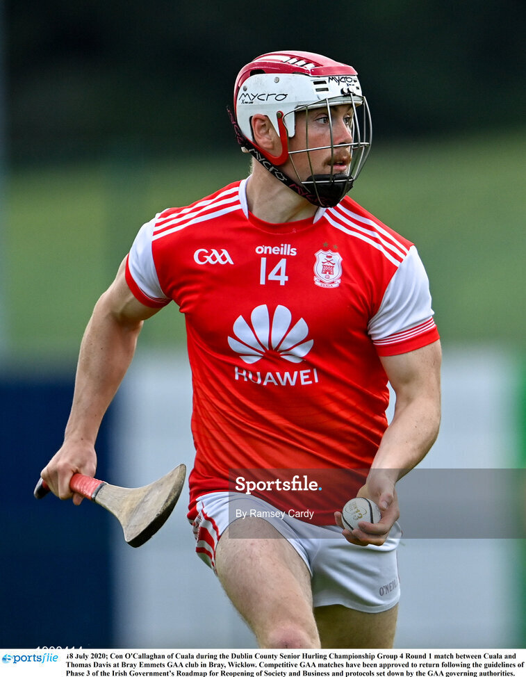 18 July 2020; Con O'Callaghan of Cuala during the Dublin County Senior Hurling Championship Group 4 Round 1 match between Cuala and Thomas Davis at Bray Emmets GAA club in Bray, Wicklow. Competitive GAA matches have been approved to return following the guidelines of Phase 3 of the Irish Government’s Roadmap for Reopening of Society and Business and protocols set down by the GAA governing authorities. With games having been suspended since March, competitive games can take place with updated protocols including a limit of 200 individuals at any one outdoor event, including players, officials and a limited number of spectators, with social distancing, hand sanitisation and face masks being worn by those in attendance among other measures in an effort to contain the spread of the Coronavirus (COVID-19) pandemic. Photo by Ramsey Cardy/Sportsfile