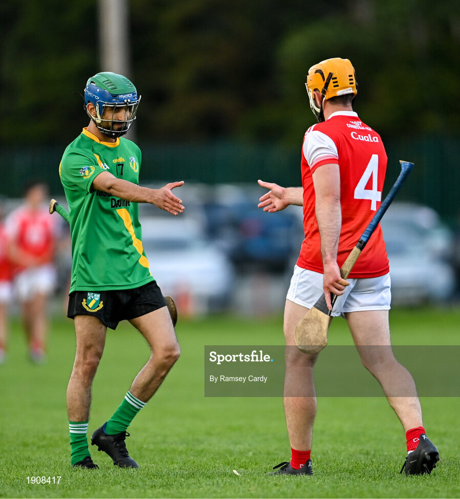 18 July 2020; Zak Moradi of Thomas Davis and Oisin Gough of Cuala following the Dublin County Senior Hurling Championship Group 4 Round 1 match between Cuala and Thomas Davis at Bray Emmets GAA club in Bray, Wicklow. Competitive GAA matches have been approved to return following the guidelines of Phase 3 of the Irish Government’s Roadmap for Reopening of Society and Business and protocols set down by the GAA governing authorities. With games having been suspended since March, competitive games can take place with updated protocols including a limit of 200 individuals at any one outdoor event, including players, officials and a limited number of spectators, with social distancing, hand sanitisation and face masks being worn by those in attendance among other measures in an effort to contain the spread of the Coronavirus (COVID-19) pandemic. Photo by Ramsey Cardy/Sportsfile