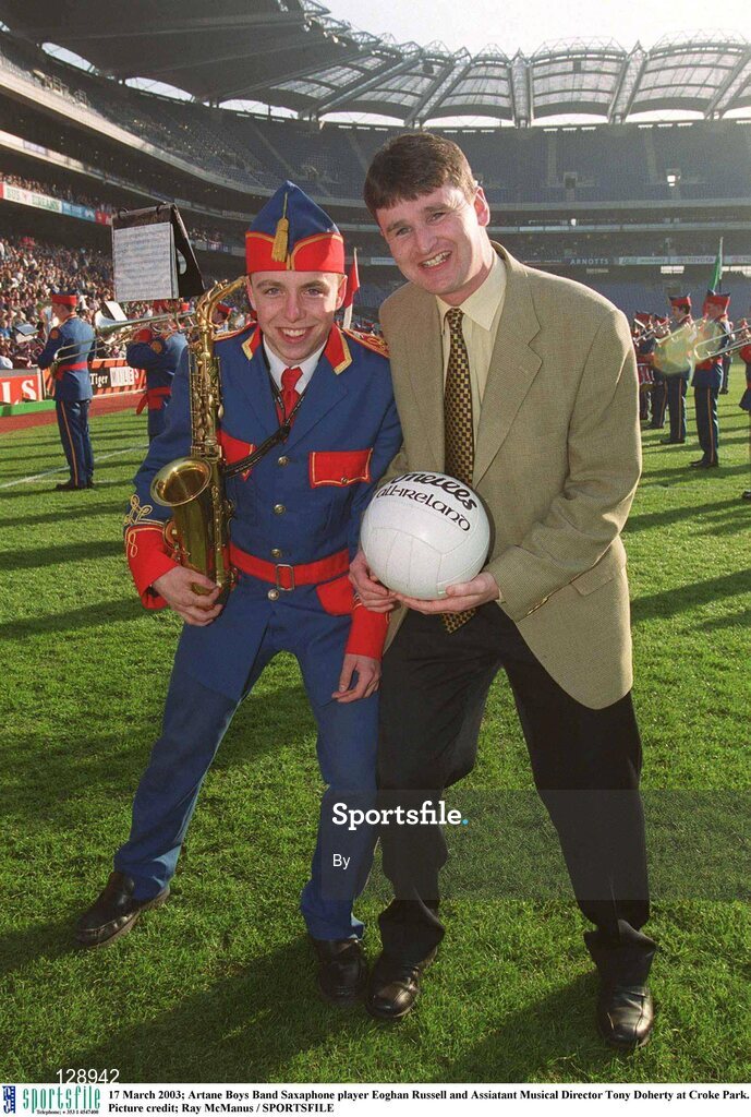 17 March 2003; Artane Boys Band Saxaphone player Eoghan Russell and Assiatant Musical Director Tony Doherty at Croke Park. Picture credit; Ray McManus / SPORTSFILE