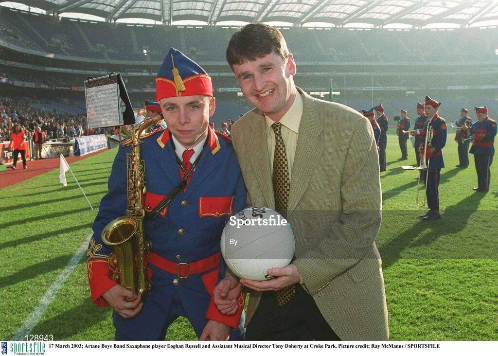 17 March 2003; Artane Boys Band Saxaphone player Eoghan Russell and Assiatant Musical Director Tony Doherty at Croke Park. Picture credit; Ray McManus / SPORTSFILE