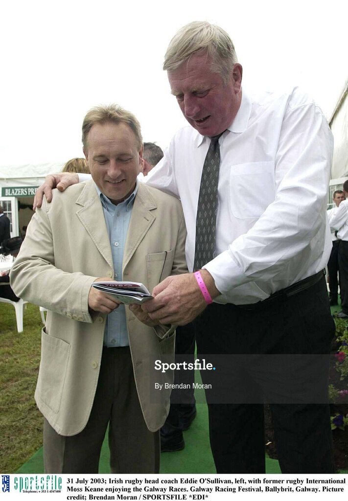 31 July 2003; Irish rugby head coach Eddie O'Sullivan, left, with former rugby International Moss Keane enjoying the Galway Races. Galway Racing Festival, Ballybrit, Galway. Picture credit; Brendan Moran / SPORTSFILE *EDI*